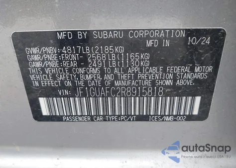 2024 Subaru Impreza Sport 5-Door из США, поврежденный, VIN JF1GUAFC2R8915818